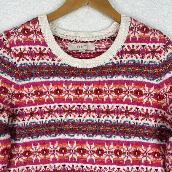 Loft Fair Isle Sweater Pink Multicolor Wool Blend Knit Women’s Medium‎ - Picture 2 of 11